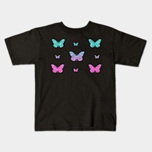 Bright Pink Teal Ombre Faux Glitter Butterflies Kids T-Shirt